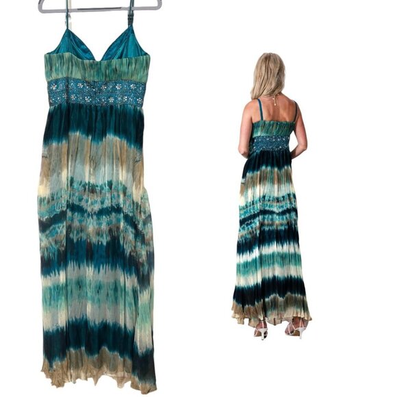 VTG. Y2K XSCAPE 100% SILK BEADED FLOWY MERMAID MAXI FORMAL DRESS SZ. 12 L NWOT - Picture 5 of 7
